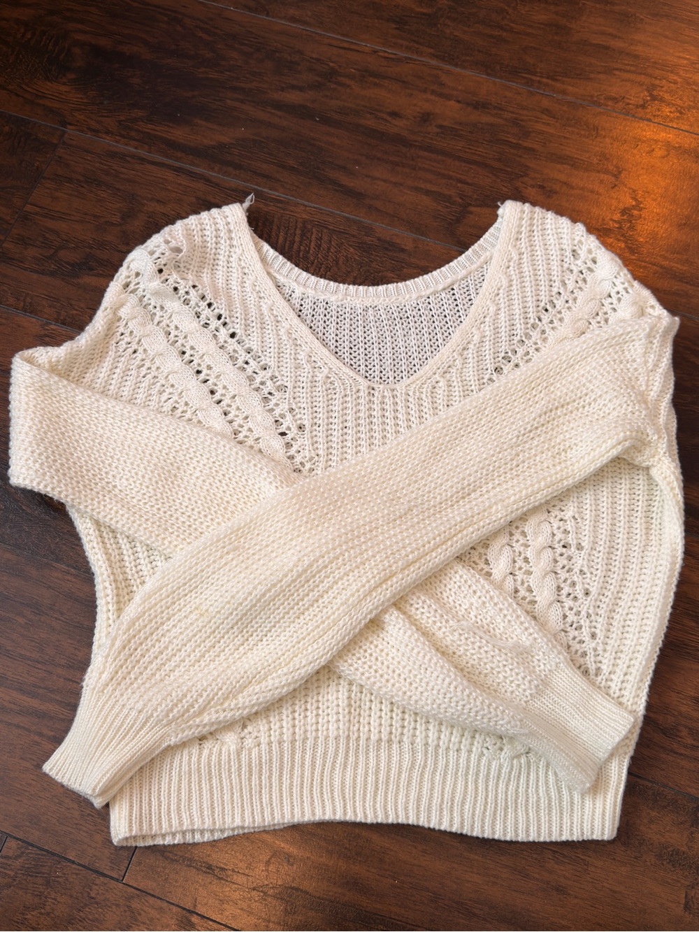 No Boundaries Cream V-Neck Open-Stitch Knit Sweater